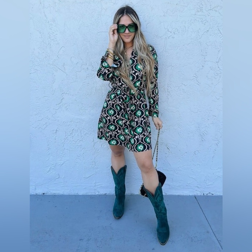 Pink Ripple Black and Green Retro Print Button Up Mini Dress
